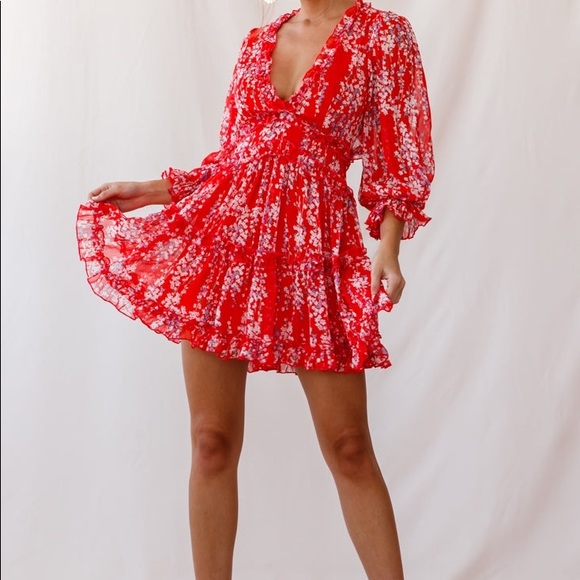 LANEY CUTOUT BACK RUFFLE DETAIL FLORAL DRESS RED New - Picture 7 of 12